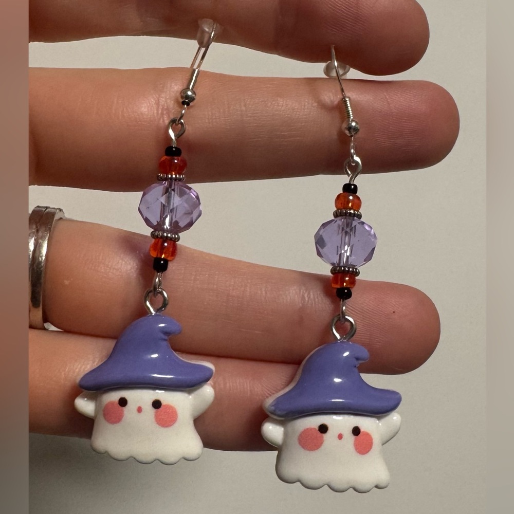 Cute Ghost Earrings with Purple Hat